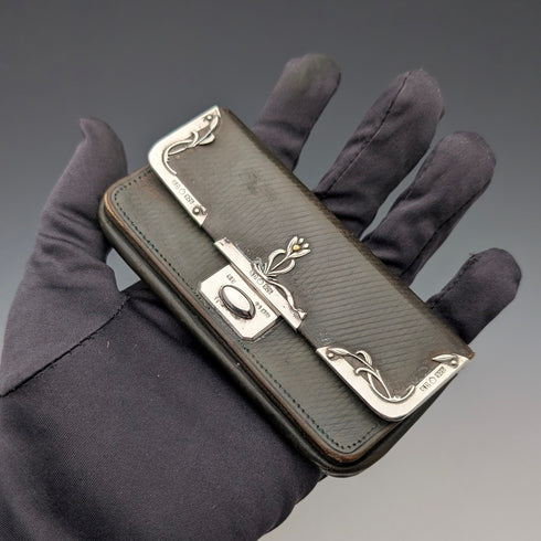 約 1905 年德國古董純銀裝飾小號皮革皮夾綠色皮革零錢包 SD